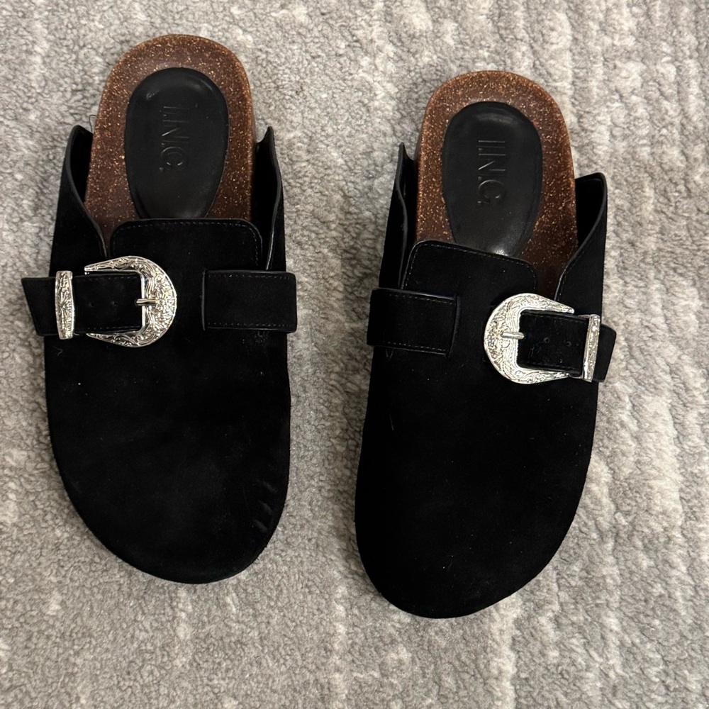 INC International Concepts Black Mules with Silver Buckle